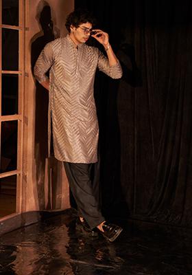 Grey Chikankari Embroidered Viscose Kurta Pyjama Set For Men