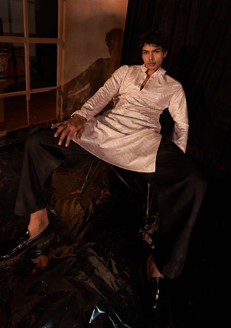 Light Pink Chikankari Embroidered Viscose Kurta Pyjama Set For Men - Indya