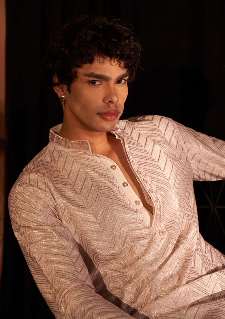 Light Pink Chikankari Embroidered Viscose Kurta Pyjama Set For Men - Indya