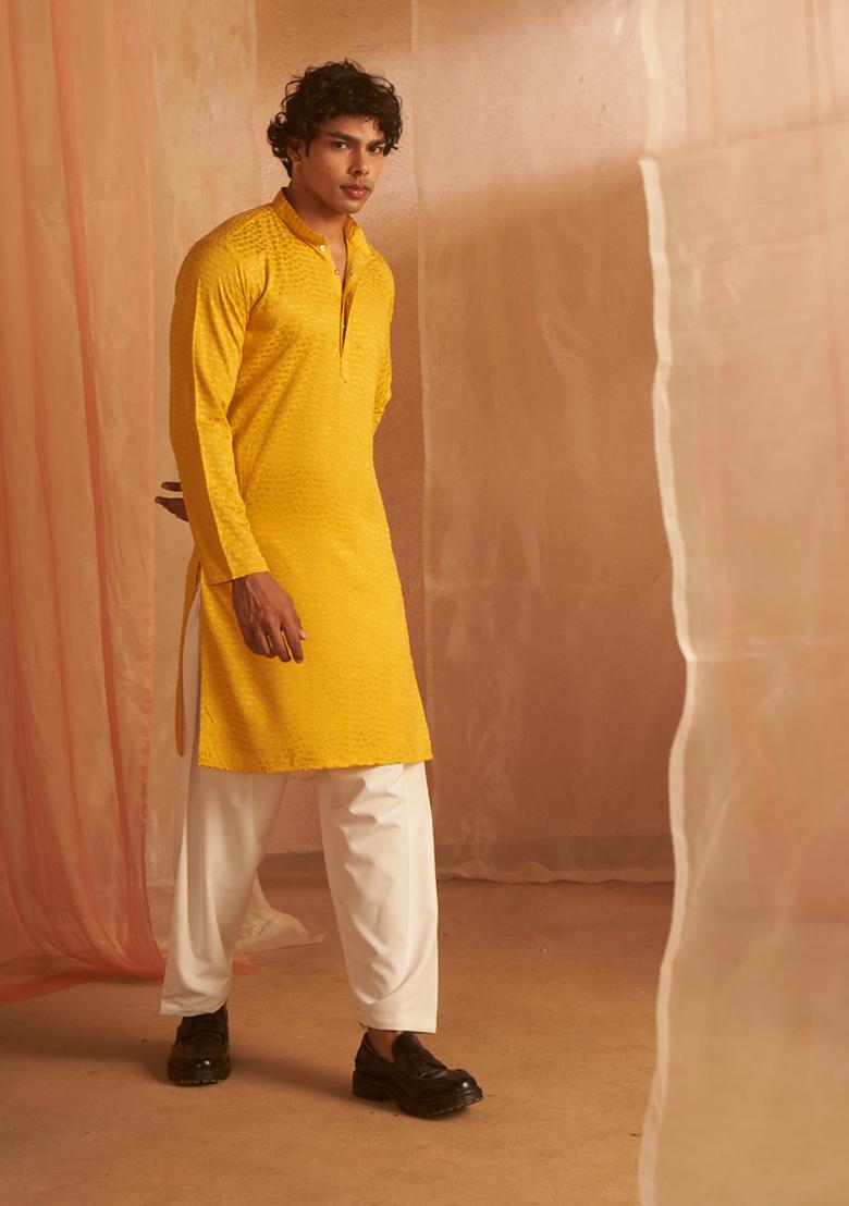 Mustard Chikankari Embroidered Viscose Kurta Pyjama Set For Men