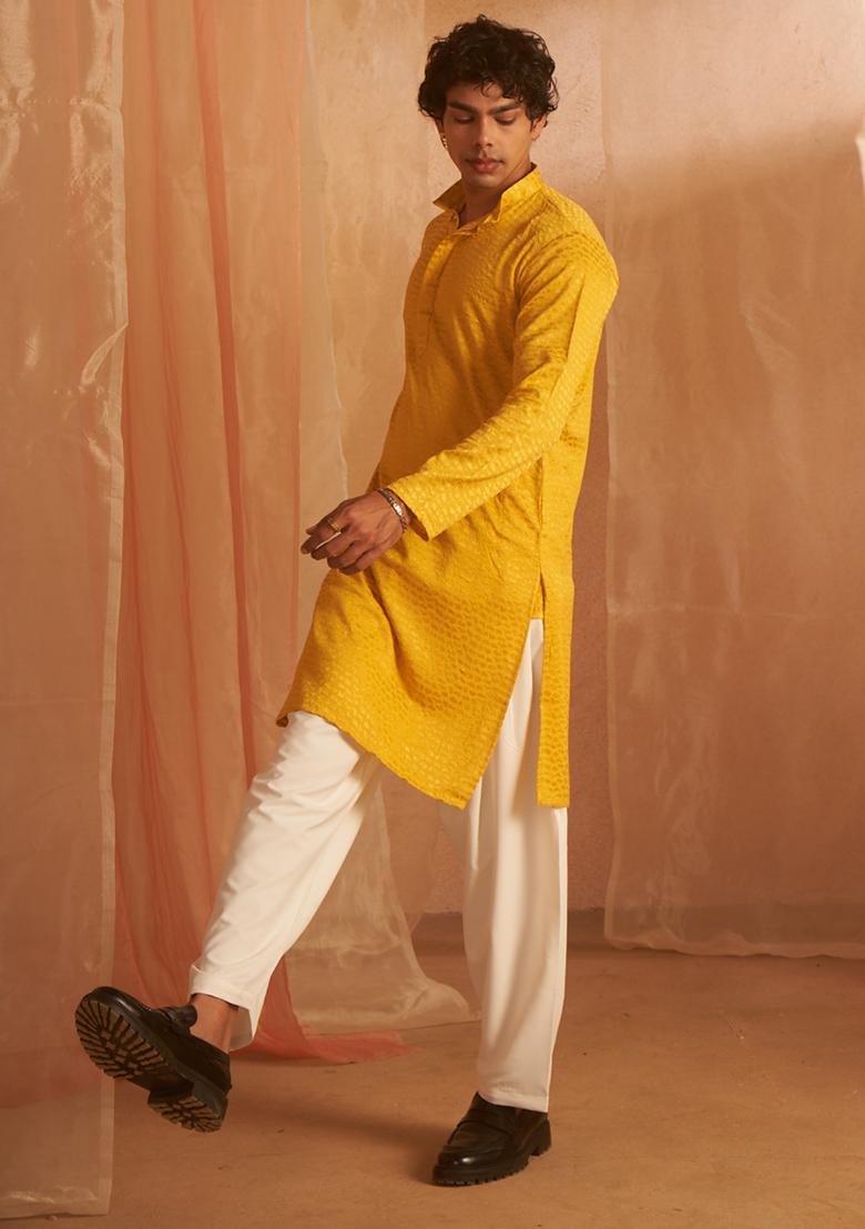 Mustard Chikankari Embroidered Viscose Kurta Pyjama Set For Men