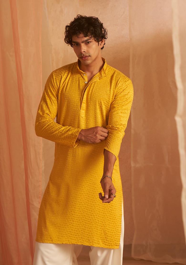 Mustard Chikankari Embroidered Viscose Kurta Pyjama Set For Men