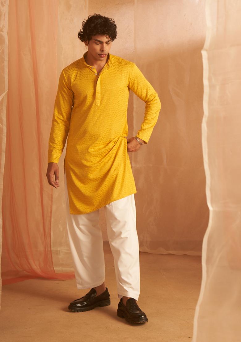 Mustard Chikankari Embroidered Viscose Kurta Pyjama Set For Men