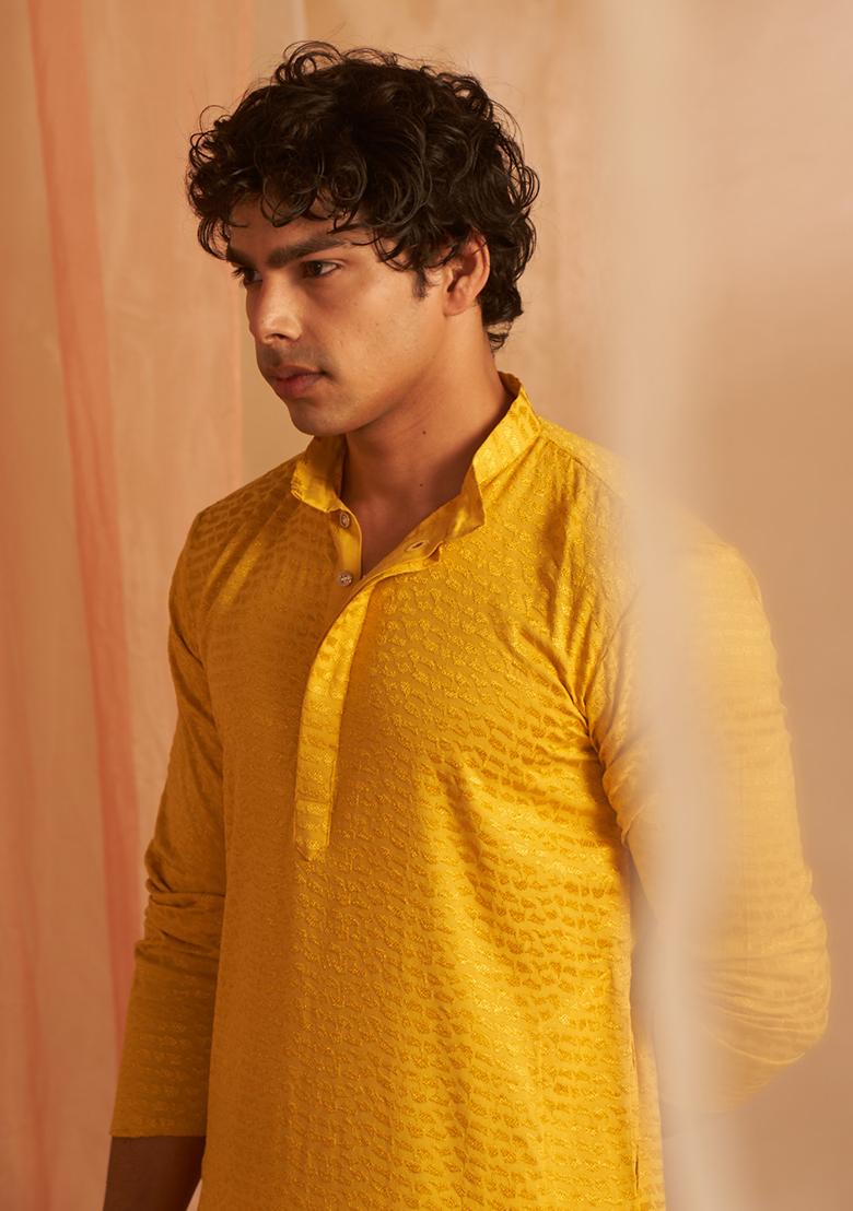 Mustard Chikankari Embroidered Viscose Kurta Pyjama Set For Men