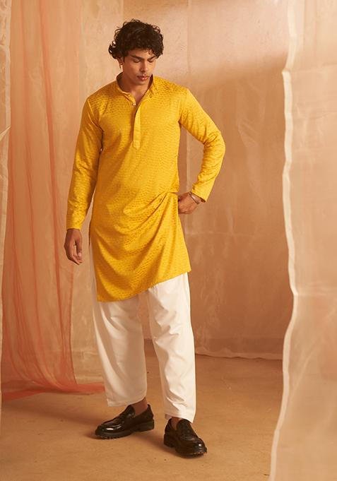 Mustard Chikankari Embroidered Viscose Kurta Pyjama Set For Men