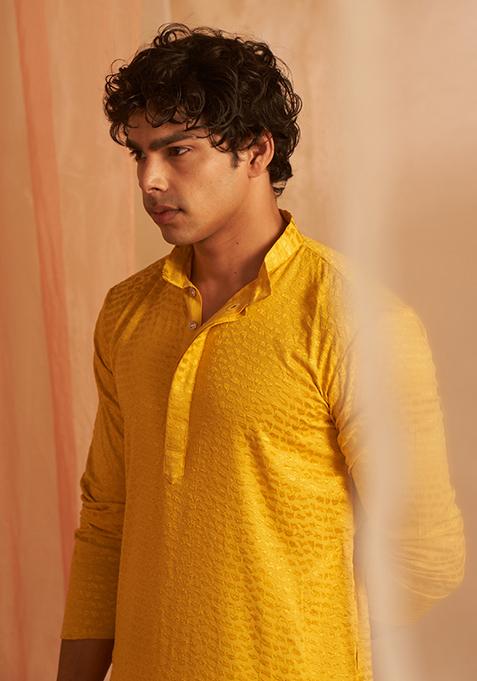 Mustard Chikankari Embroidered Viscose Kurta Pyjama Set For Men