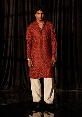Berry Red Chikankari Embroidered Viscose Kurta Pyjama Set For Men