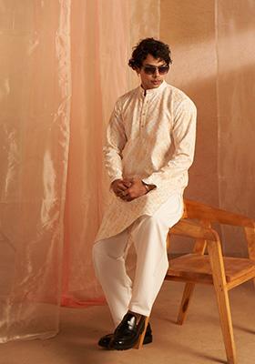 Yellow Chikankari Embroidered Viscose Kurta Pyjama Set For Men
