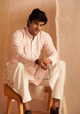 Pink Chikankari Embroidered Viscose Kurta Pyjama Set For Men