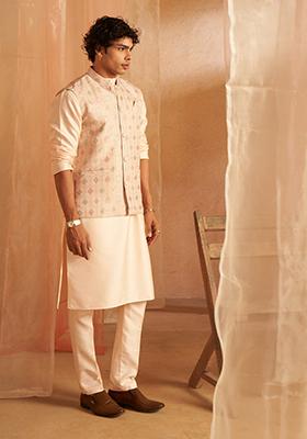 Peach Printed Viscose Nehru Jacket For Men