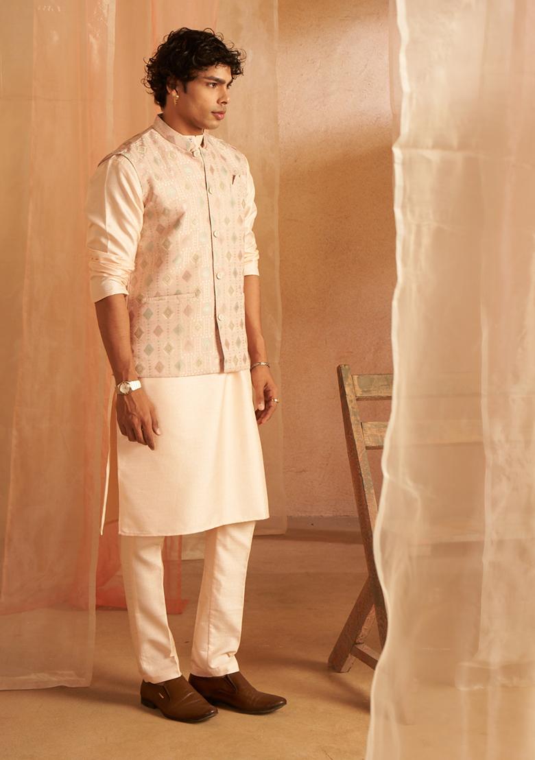 Peach Printed Viscose Nehru Jacket For Men