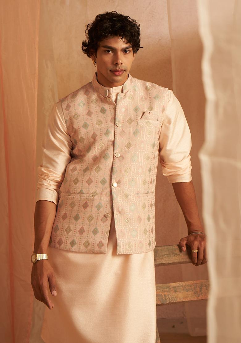 Peach Printed Viscose Nehru Jacket For Men