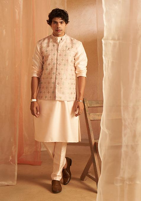 Peach Printed Viscose Nehru Jacket For Men