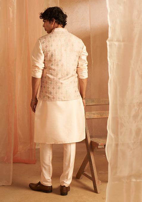 Peach Printed Viscose Nehru Jacket For Men