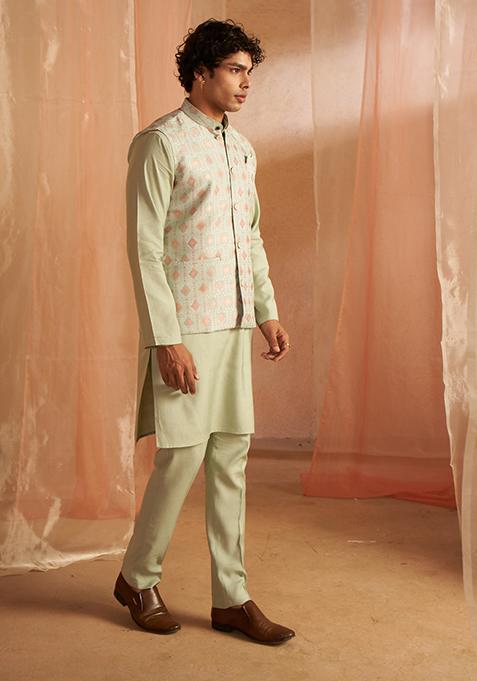Pista Green Printed Viscose Nehru Jacket For Men