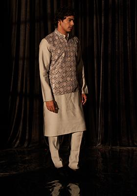 Grey Printed Viscose Nehru Jacket For Men
