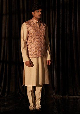 Brown Printed Viscose Nehru Jacket For Men