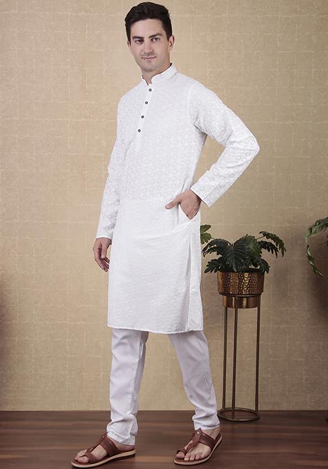 White Sequin Embroidered Cotton Kurta Pyjama Set For Men