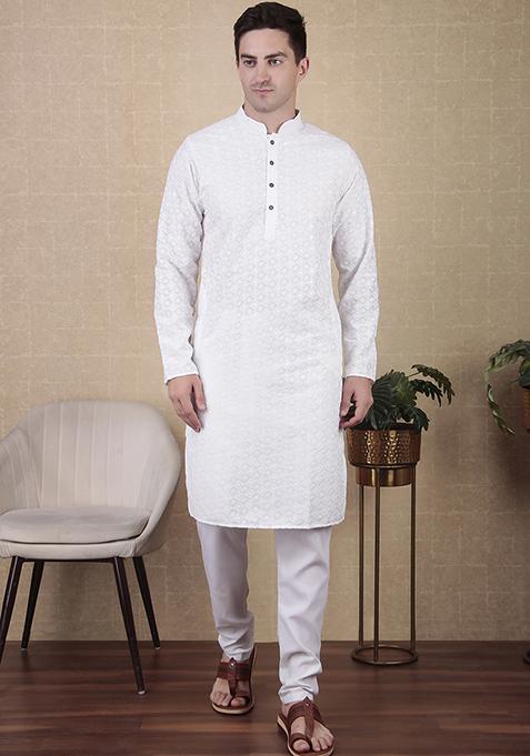 White Sequin Embroidered Cotton Kurta Pyjama Set For Men