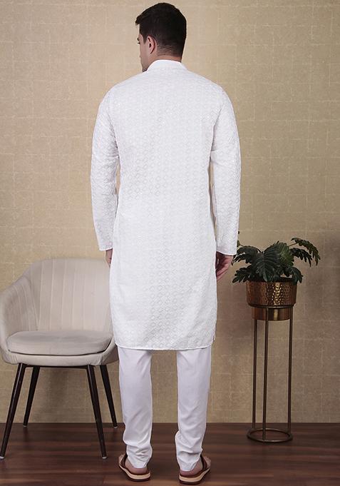 White Sequin Embroidered Cotton Kurta Pyjama Set For Men