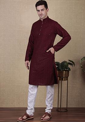 Maroon Sequin Embroidered Cotton Kurta Pyjama Set For Men