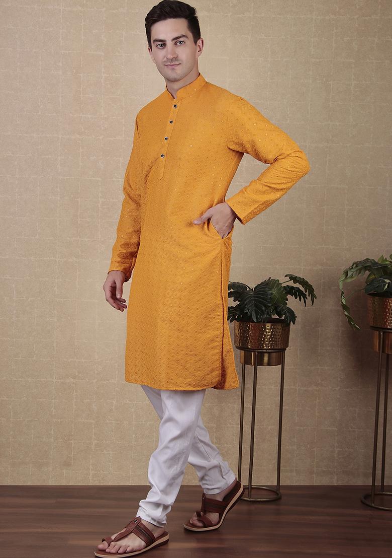 Yellow Sequin Embroidered Cotton Kurta Pyjama Set For Men