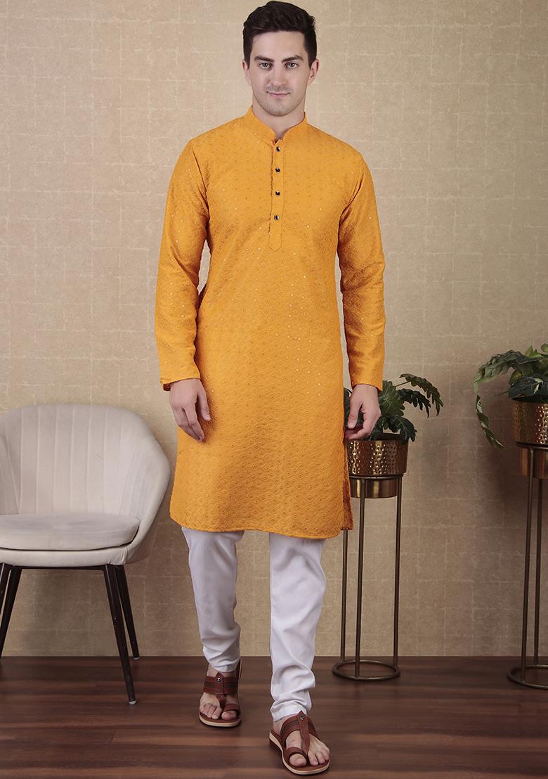 Yellow Sequin Embroidered Cotton Kurta Pyjama Set For Men