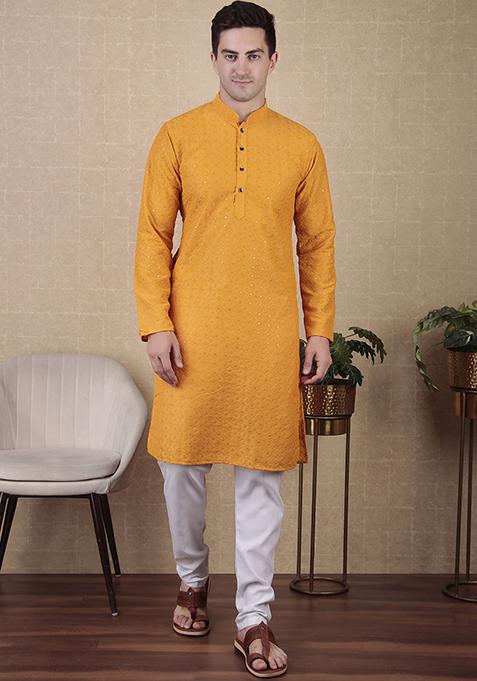 Yellow Sequin Embroidered Cotton Kurta Pyjama Set For Men