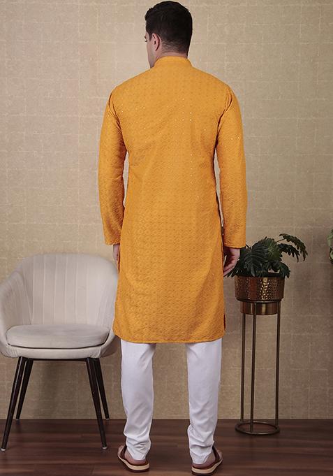 Yellow Sequin Embroidered Cotton Kurta Pyjama Set For Men
