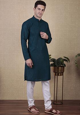 Teal Sequin Embroidered Cotton Kurta Pyjama Set For Men