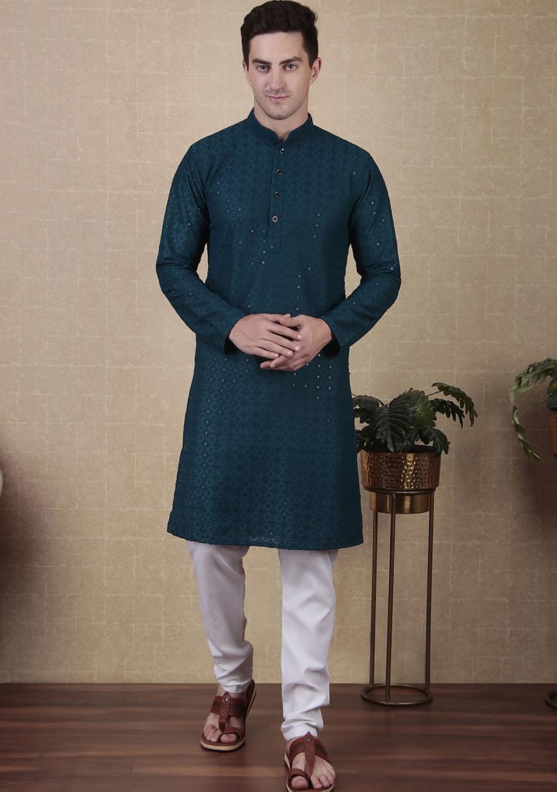 Teal Sequin Embroidered Cotton Kurta Pyjama Set For Men