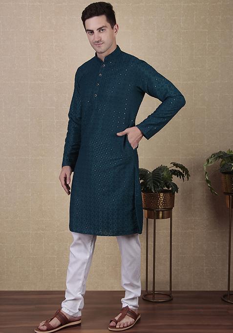 Teal Sequin Embroidered Cotton Kurta Pyjama Set For Men