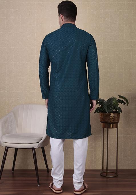 Teal Sequin Embroidered Cotton Kurta Pyjama Set For Men