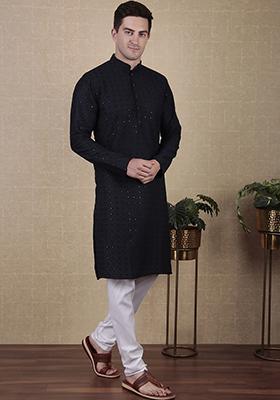 Navy Blue Sequin Embroidered Cotton Kurta Pyjama Set For Men