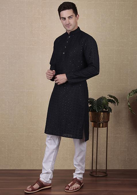 Embroidered Cotton Kurta Pajama in Navy blue main image 1