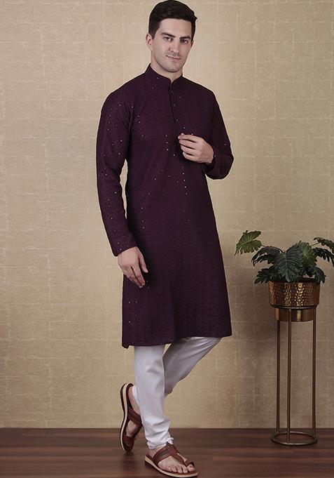 Wine Sequin Embroidered Cotton Kurta Pyjama Set For Men — view on Indya