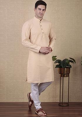 Cream Sequin Embroidered Cotton Kurta Pyjama Set For Men