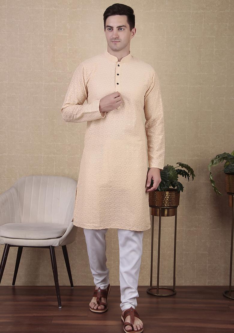 Cream Sequin Embroidered Cotton Kurta Pyjama Set For Men
