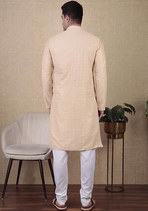 Cream Sequin Embroidered Cotton Kurta Pyjama Set For Men