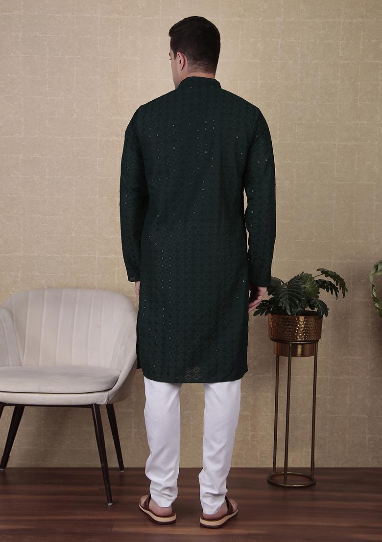 Green Sequin Embroidered Cotton Kurta Pyjama Set For Men