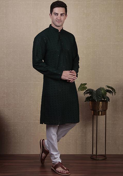 Green Sequin Embroidered Cotton Kurta Pyjama Set For Men