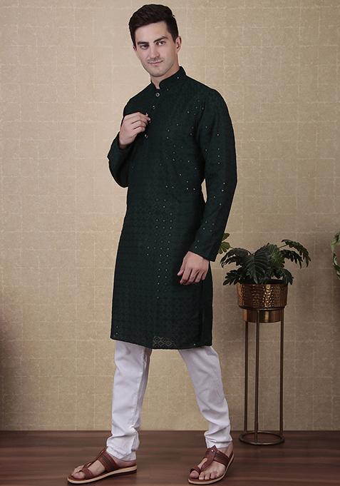 Green Sequin Embroidered Cotton Kurta Pyjama Set For Men