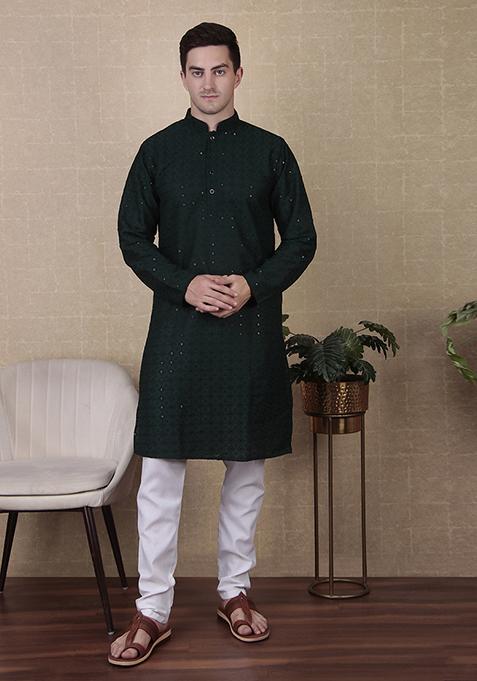 Green Sequin Embroidered Cotton Kurta Pyjama Set For Men