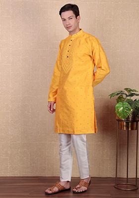 Yellow Woven Mirror Embroidered Jacquard Silk Kurta Pyjama Set For Men