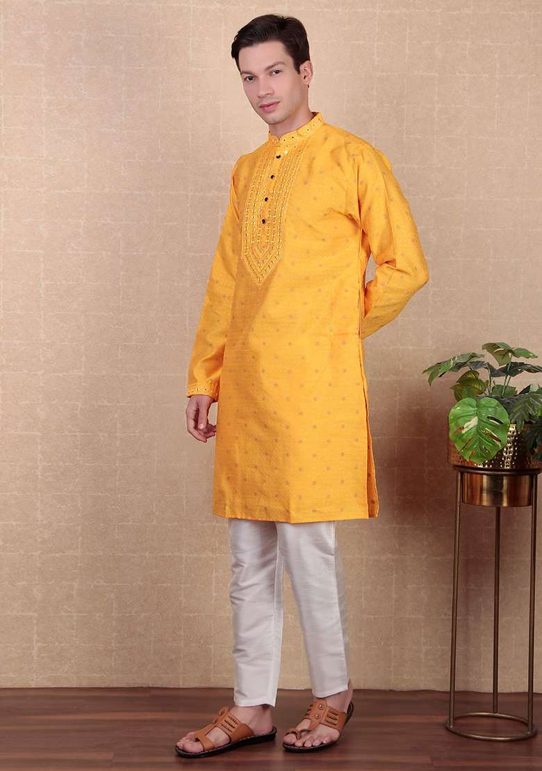 Yellow Woven Mirror Embroidered Jacquard Silk Kurta Pyjama Set For Men - Indya