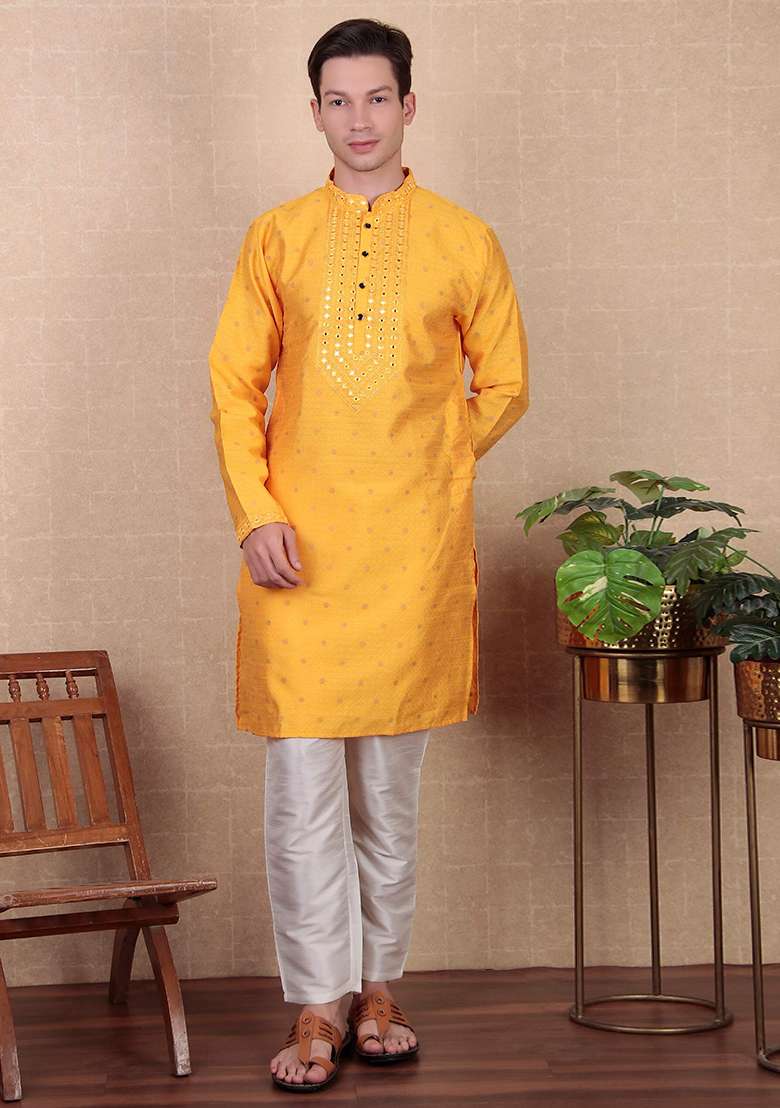 Yellow Woven Mirror Embroidered Jacquard Silk Kurta Pyjama Set For Men - Indya