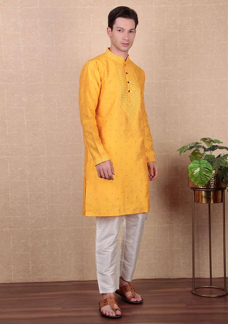 Yellow Woven Mirror Embroidered Jacquard Silk Kurta Pyjama Set For Men - Indya
