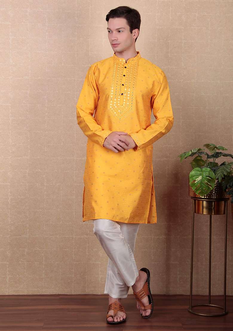 Yellow Woven Mirror Embroidered Jacquard Silk Kurta Pyjama Set For Men - Indya