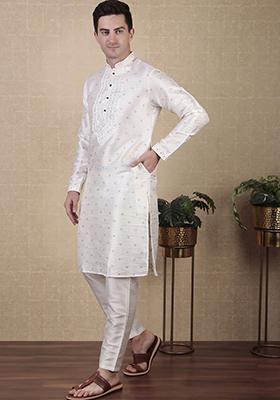 White Woven Mirror Embroidered Jacquard Silk Kurta Pyjama Set For Men