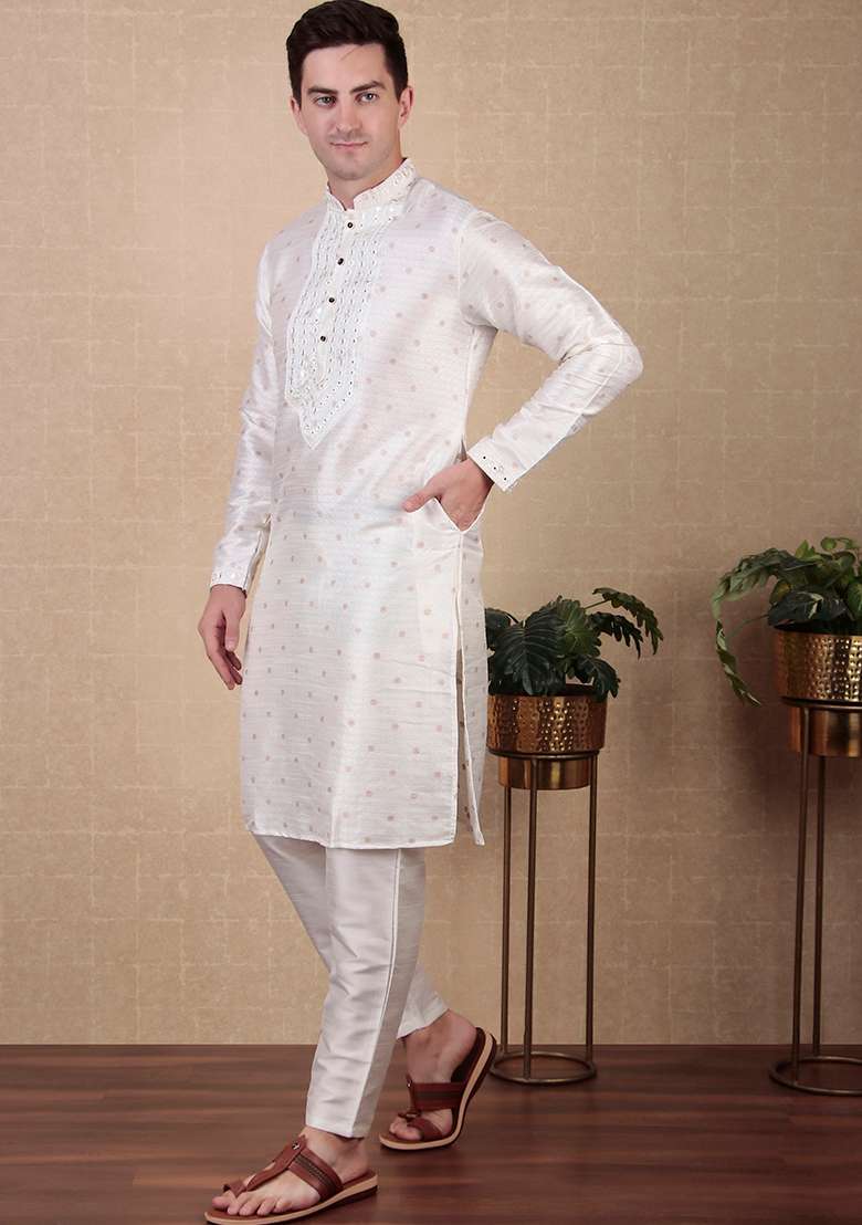 White Woven Mirror Embroidered Jacquard Silk Kurta Pyjama Set For Men - Indya